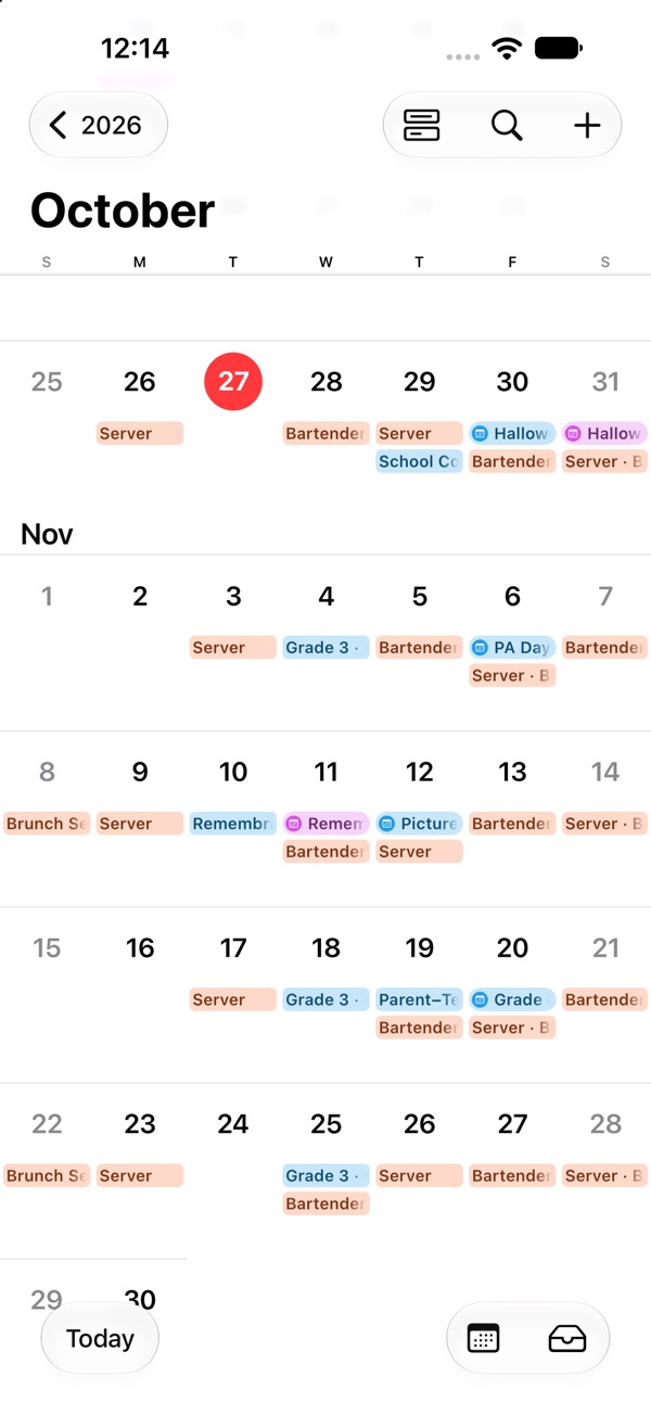 Vue mensuelle avec les quarts de deux emplois en couleurs différentes (capture en anglais)